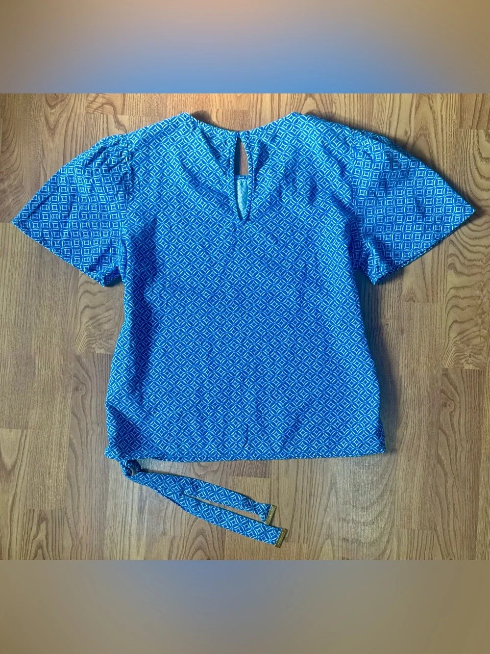 ❤️ Michael Kors S Blue Linen Blend Geometric Tie-Hem Blouse Top Shirt (B13)